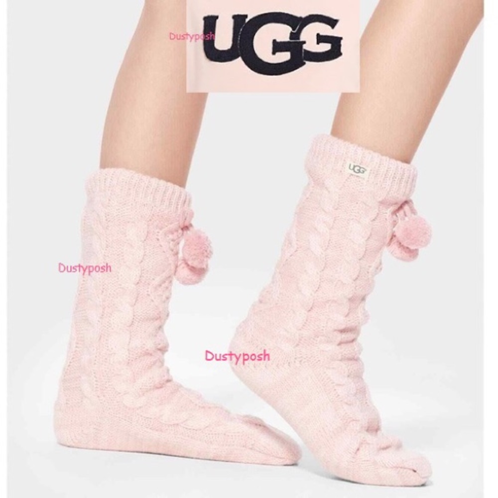 HP🎉 UGG Fleece Lined Pom Pom Socks Cozy Boot Cute New Cream Oatmeal Red Pink - Picture 7 of 8